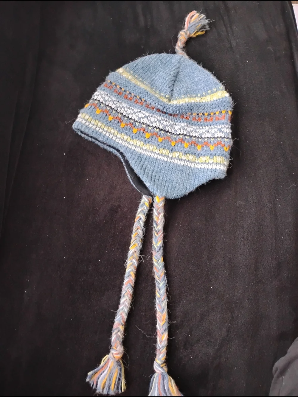 Amber Mountain Works Wool Earflap Beanie with Multicolor Pattern. Blue One Size